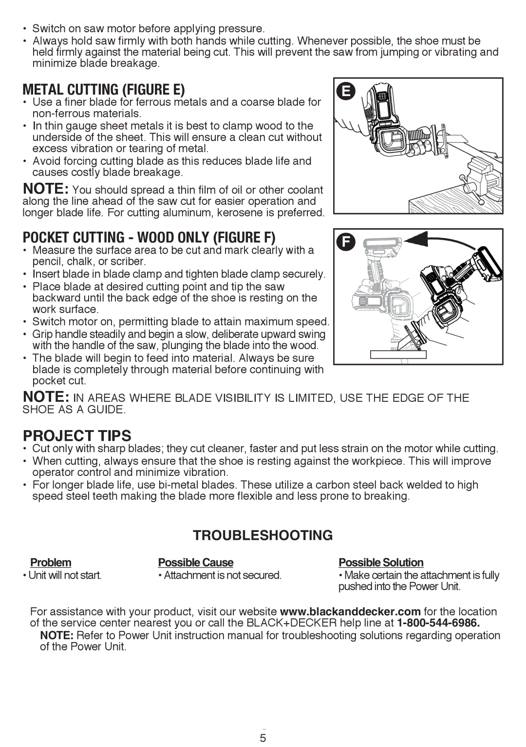 Black & Decker BDCMTRS instruction manual Metal Cutting Figure E, Pocket Cutting Wood Only Figure F, Project Tips 